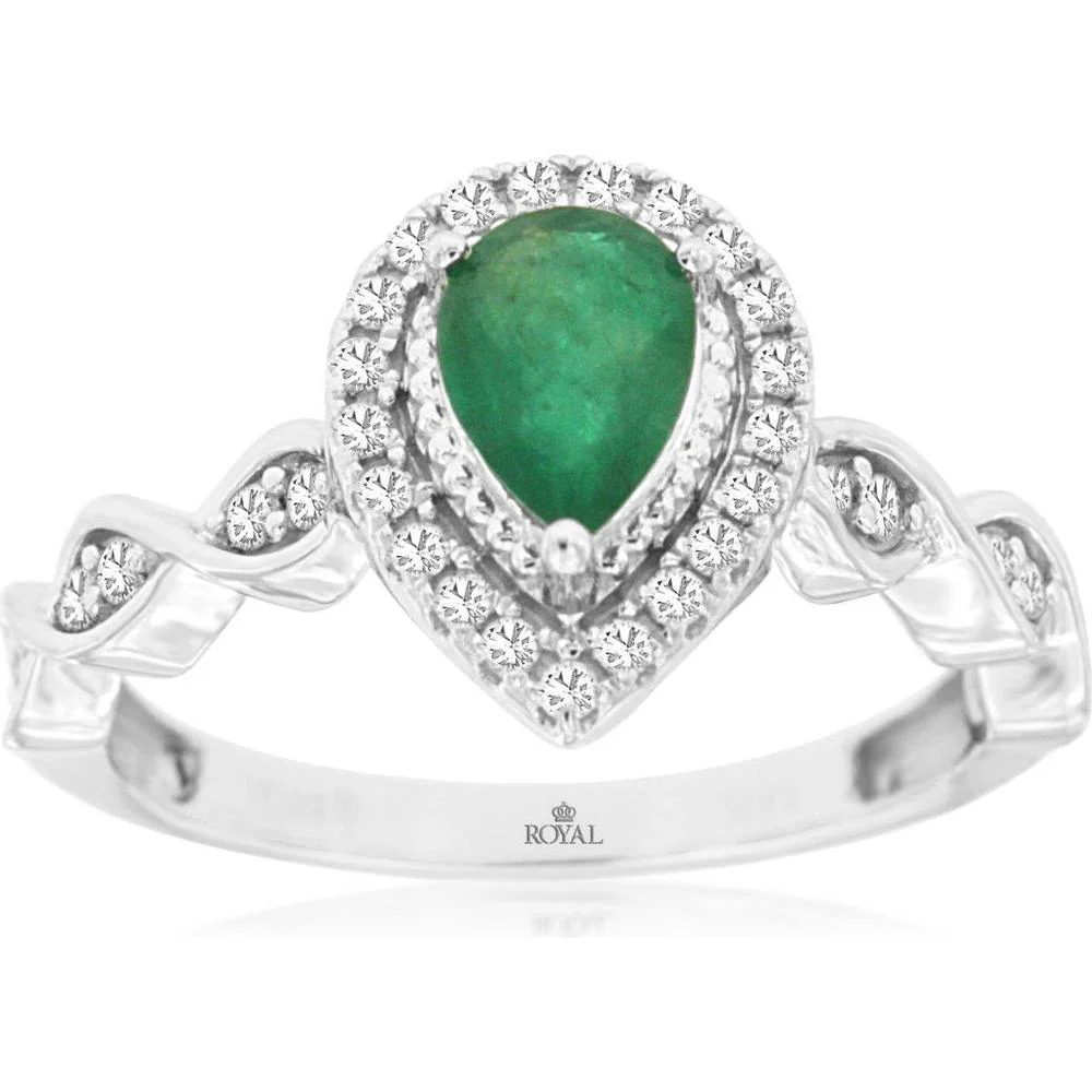 14K White Gold Pear-Shaped Emerald Ring with Diamond Halo and Twisted Vine Band - 0.68 Carat Emerald Total, 0.26 Carat Diamond Total - Royal Jewelry