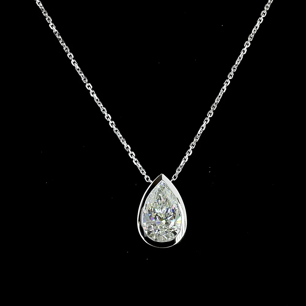 14K White Gold Pear Shaped Lab Diamond Solitaire Pendant with Bezel Setting - 2.54 Carat Total Diamond Weight, E-F Color, VS1 Clarity - Covaloro Fine Jewelry