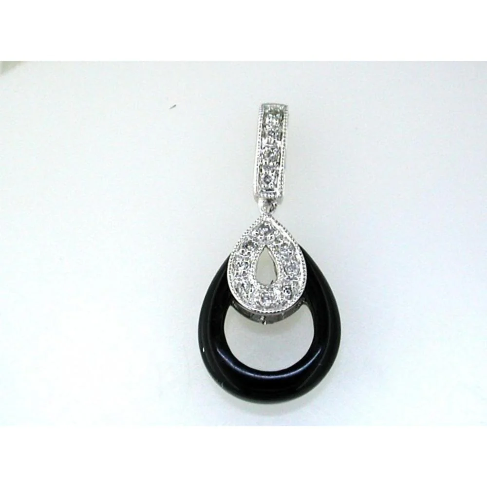 14K White Gold Pear-Shaped Onyx Drop Pendant with Round Diamond Accents - 0.06 Carat Total Diamond Weight - Royal Jewelry