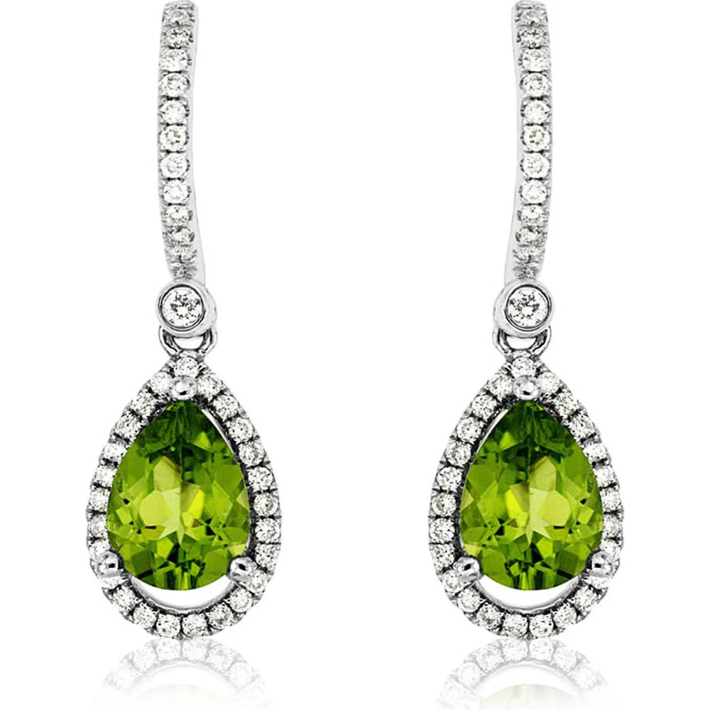 14K White Gold Pear-Shaped Peridot and Diamond Drop Earrings with Pavé Hoop - 2.20 Carat Total Peridot Weight, 0.42 Carat Total Diamond Weight - Royal Jewelry
