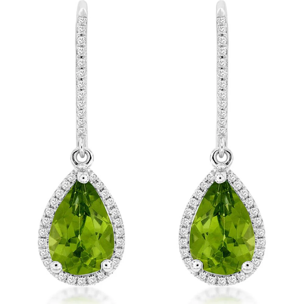 14K White Gold Pear-Shaped Peridot and Diamond Halo Drop Earrings - 3.00 Carat Total Peridot Weight, 0.22 Carat Total Diamond Weight - Royal Jewelry