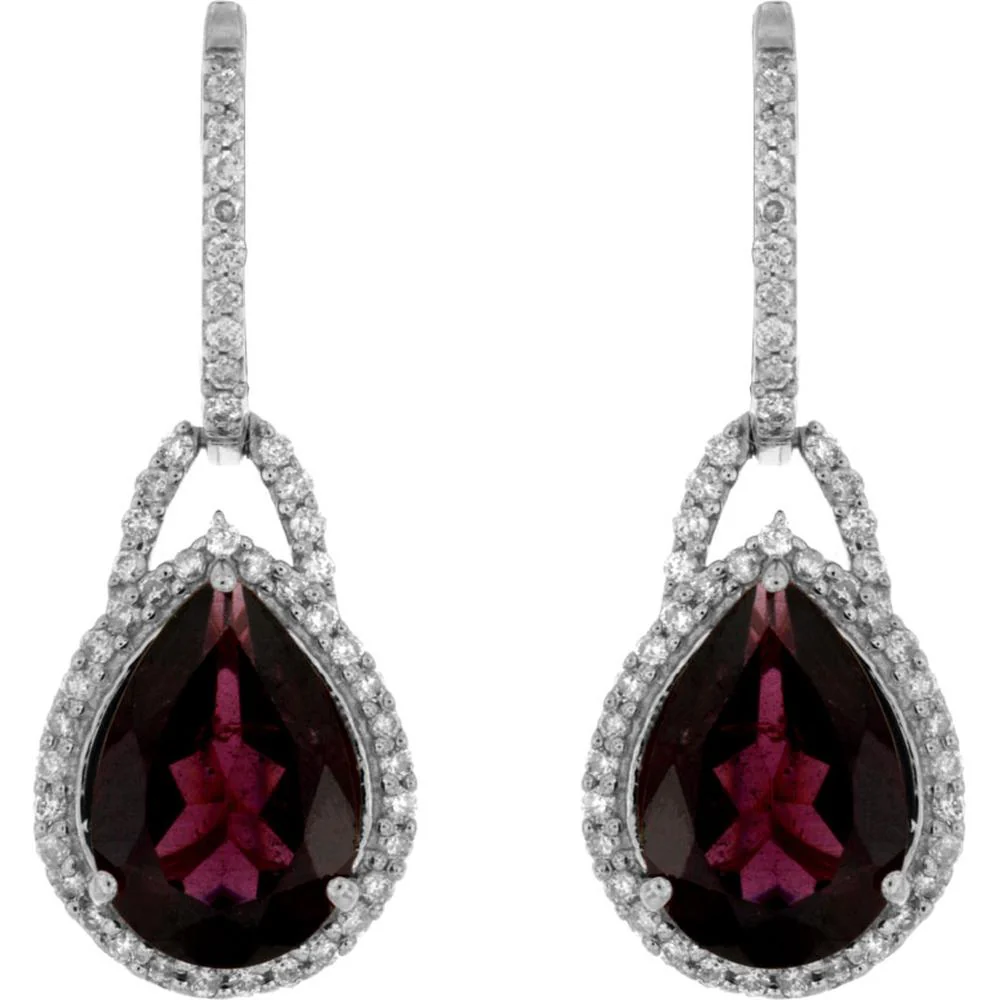 14K White Gold Pear-Shaped Rhodolite and Diamond Halo Drop Earrings - 4.00 Carat Rhodolite Total Weight, 0.40 Carat Diamond Total Weight - Royal Jewelry