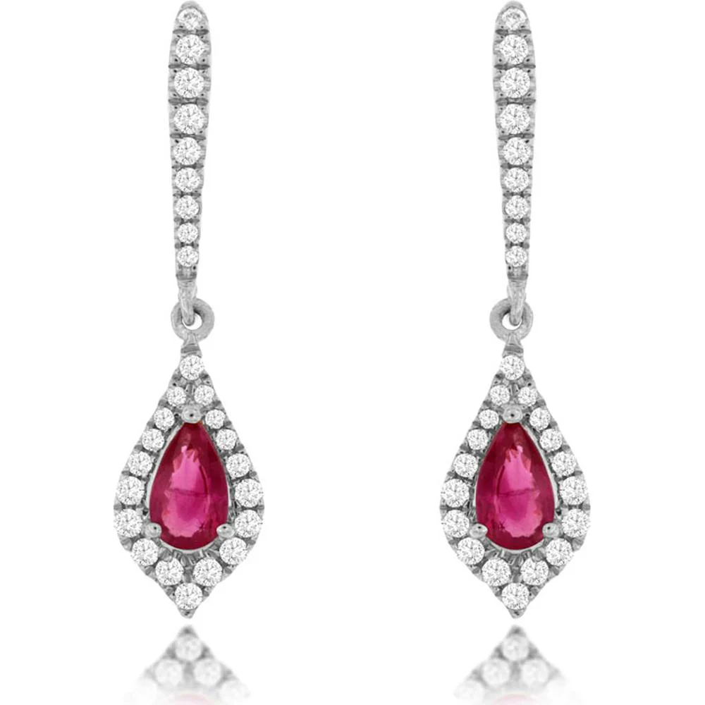 14K White Gold Pear-Shaped Ruby and Diamond Halo Drop Earrings - 0.44 Carat Total Ruby Weight, 0.22 Carat Total Diamond Weight - Royal Jewelry