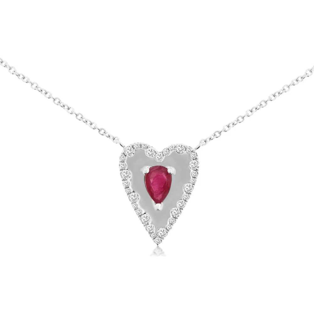 14K White Gold Pear-Shaped Ruby and Diamond Halo Pendant Necklace - 0.45 Carat Ruby, 0.26 Carat Total Diamond Weight - Royal Jewelry
