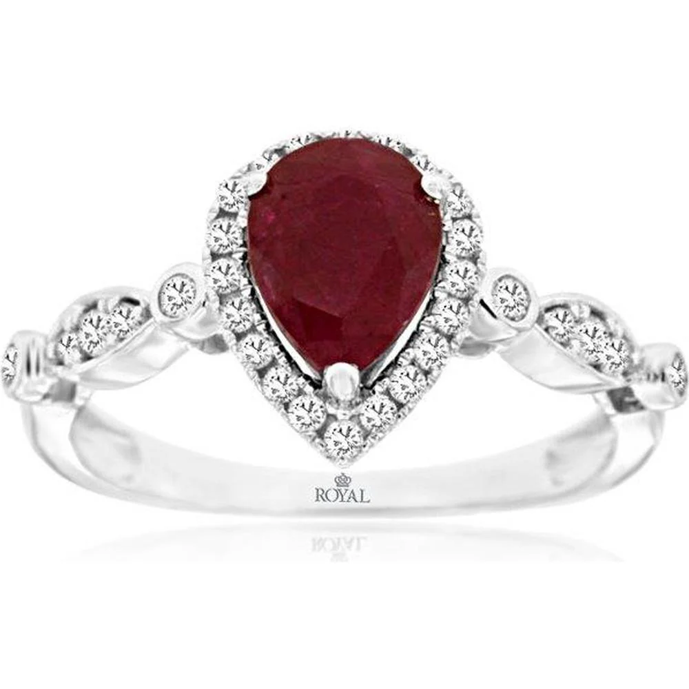 14K White Gold Pear-Shaped Ruby and Diamond Halo Ring - 1.12 Carat Ruby and 0.25 Carat Total Diamond Weight - Royal Jewelry