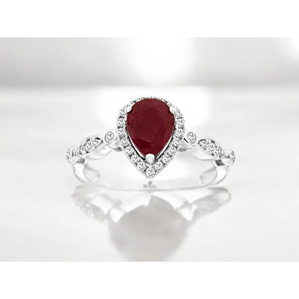 14K White Gold Pear-Shaped Ruby and Diamond Halo Ring - 1.12 Carat Ruby and 0.25 Carat Total Diamond Weight - Royal Jewelry - Image 2