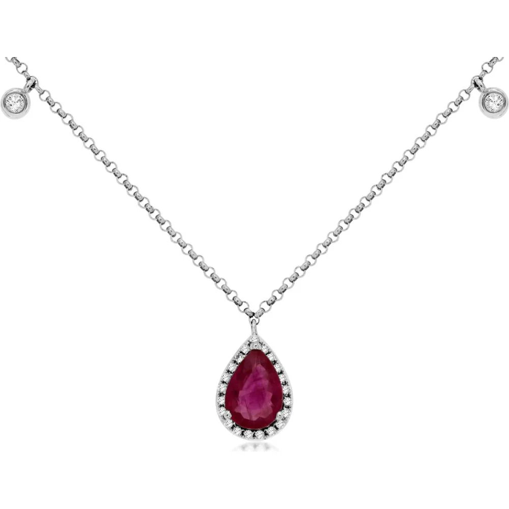 14K White Gold Pear-Shaped Ruby Pendant Necklace with Diamond Halo and Diamond Station Chain - 0.75 Carat Ruby, 0.12 Carat Total Diamond Weight - Royal Jewelry