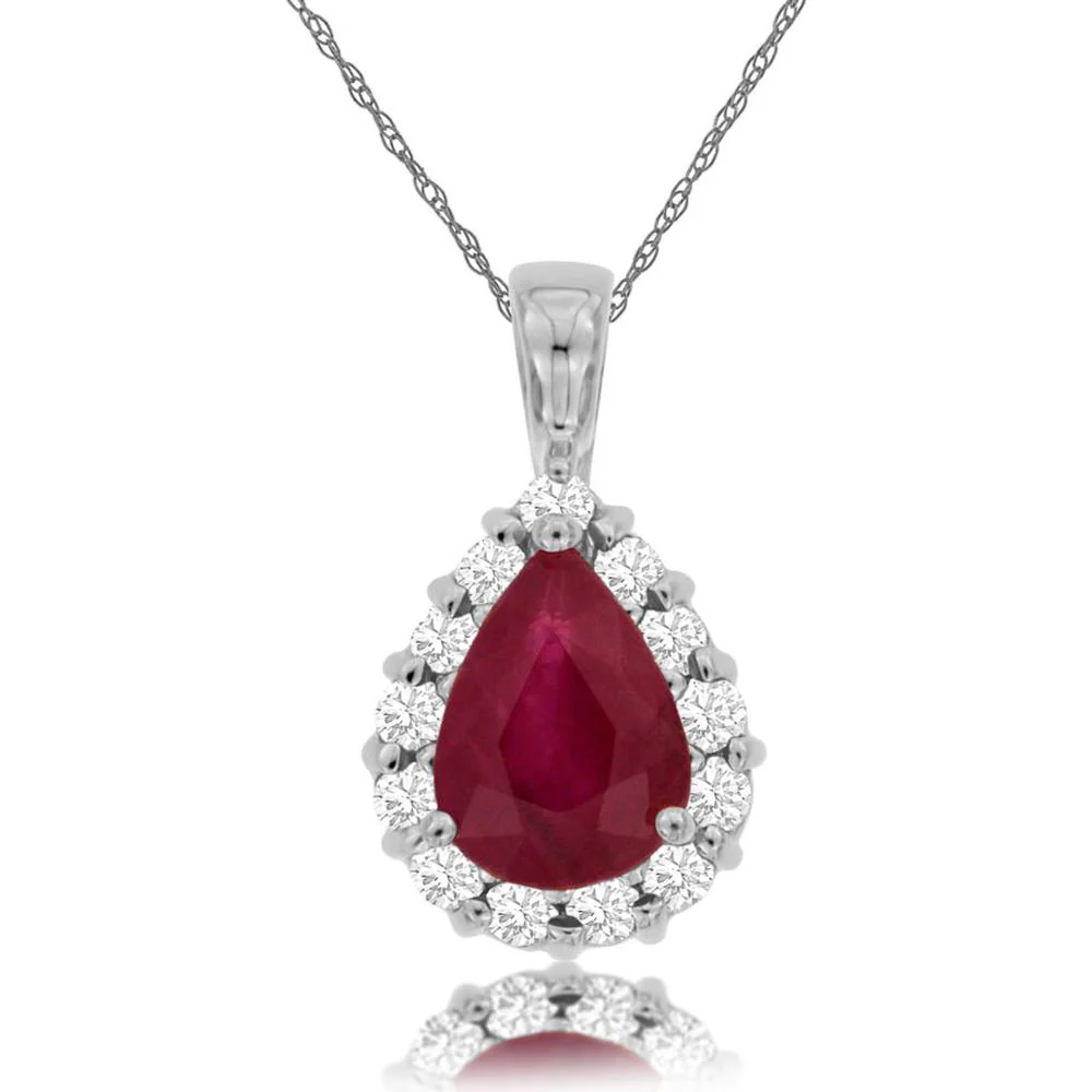 14K White Gold Pear-Shaped Ruby Pendant with Round Diamond Halo - 1.12 Carat Ruby & 0.30 Carat Diamond Total Weight - Royal Jewelry