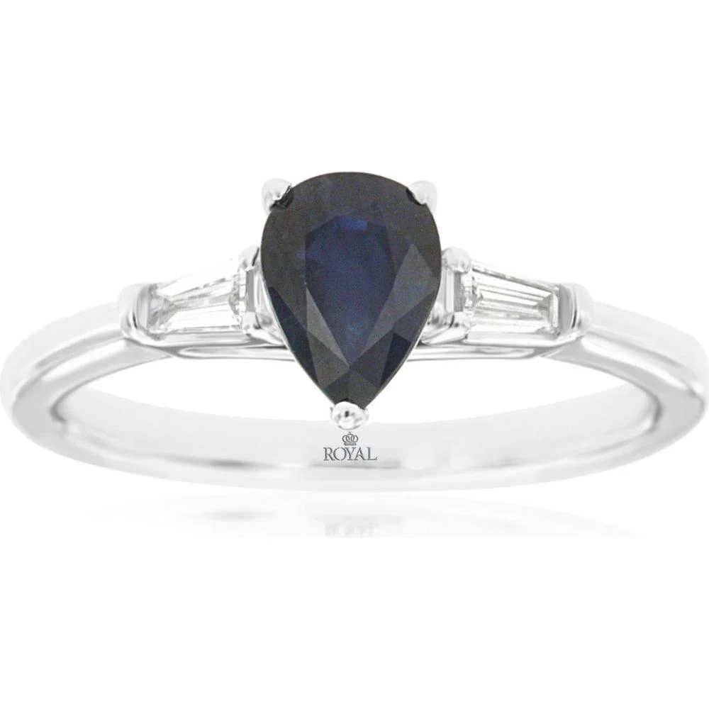 14K White Gold Pear-Shaped Sapphire and Baguette Diamond Three-Stone Ring - 0.88 Carat Sapphire, 0.11 Carat Total Diamond Weight - Royal Jewelry