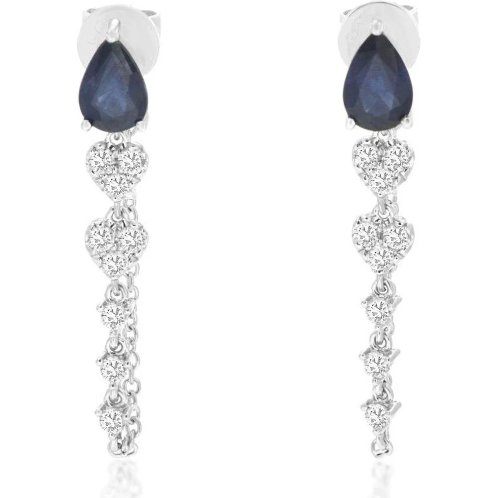 14K White Gold Pear Shaped Sapphire and Diamond Drop Earrings with 1.00 Carat Total Sapphire Weight and 0.35 Carat Total Diamond Weight - Royal Jewelry