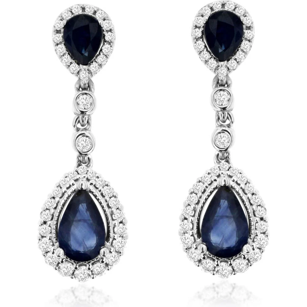 14K White Gold Pear-Shaped Sapphire and Diamond Halo Drop Earrings - 1.75 Carat Total Gem Weight - Royal Jewelry