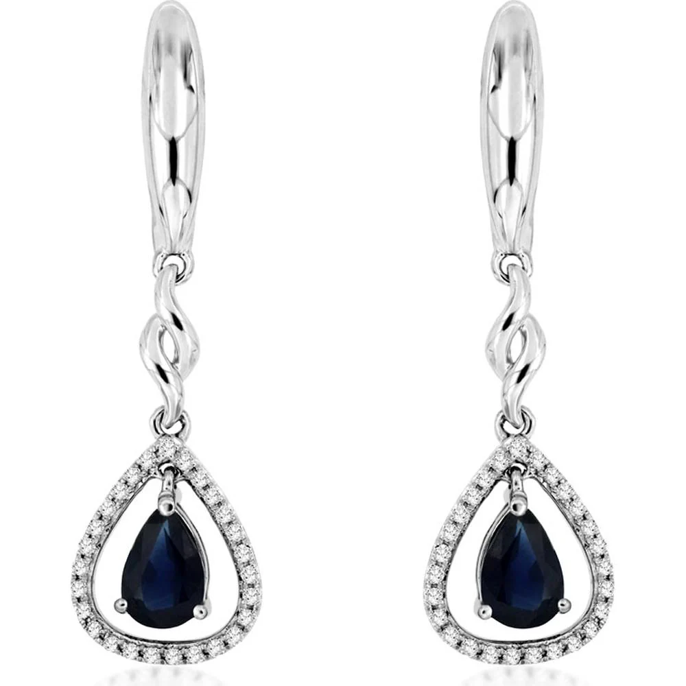 14K White Gold Pear-Shaped Sapphire and Diamond Halo Drop Earrings with Lever Backs - 1.05 Carat Total Sapphire Weight, 0.15 Carat Total Diamond Weight - Royal Jewelry