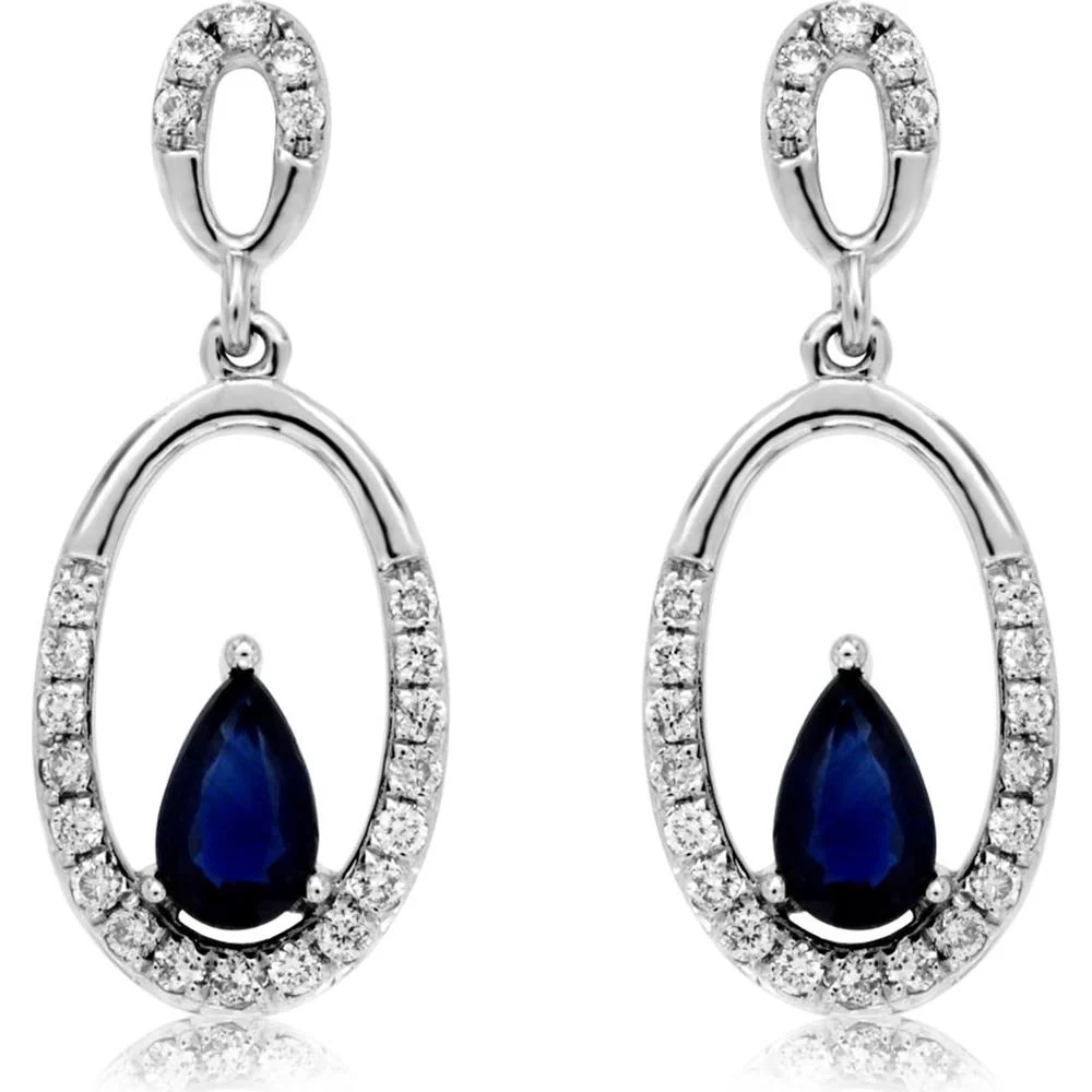 14K White Gold Pear-Shaped Sapphire and Diamond Open Halo Drop Earrings - 0.55 Carat Total Sapphire Weight and 0.20 Carat Total Diamond Weight - Royal Jewelry