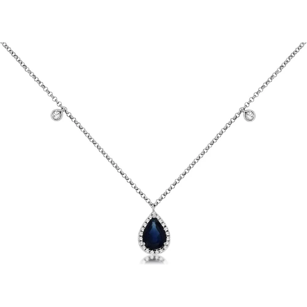 14K White Gold Pear Shaped Sapphire Pendant Necklace with Diamond Halo and Diamond Accent Stations - 0.88 Carat Sapphire and 0.12 Carat Total Diamond Weight - Royal Jewelry