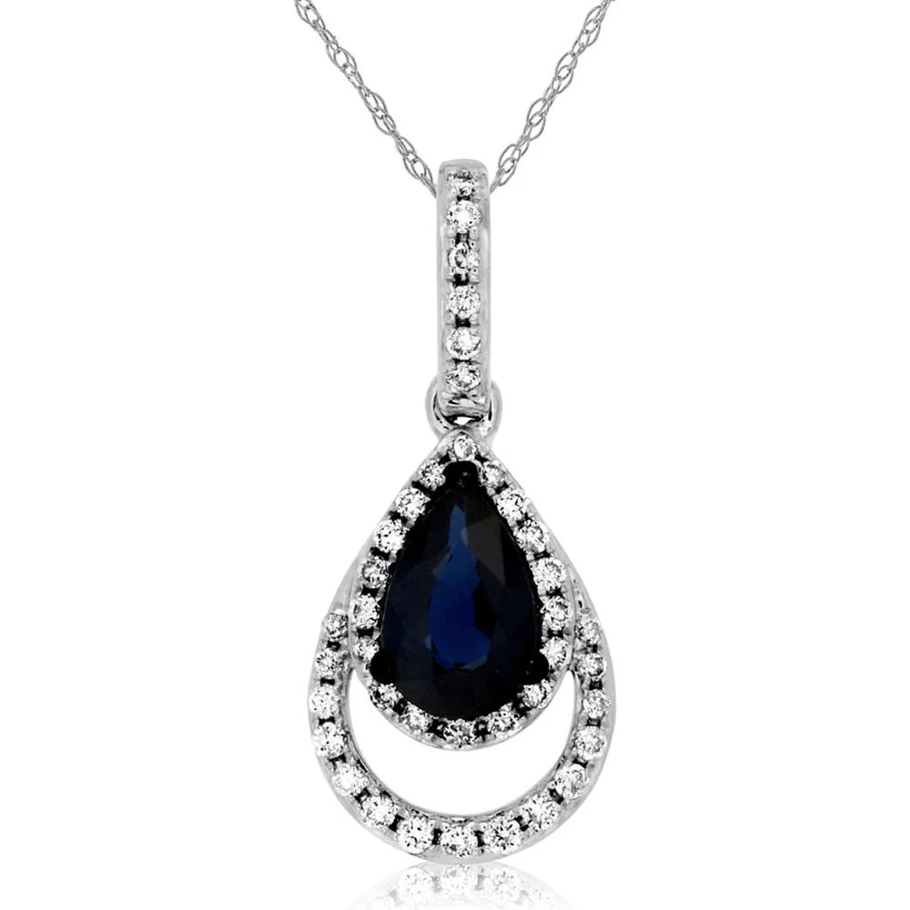 14K White Gold Pear-Shaped Sapphire Pendant with Diamond Open Halo - 0.52 Carat Sapphire and 0.11 Carat Diamond - Royal Jewelry