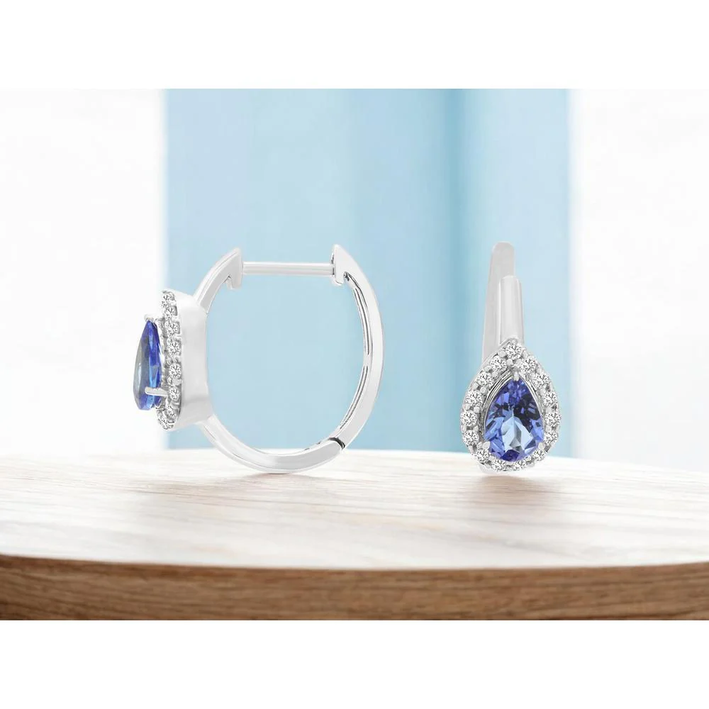 14K White Gold Pear Shaped Tanzanite and Diamond Halo Earrings - 0.84 Carat Tanzanite Total Weight and 0.25 Carat Diamond Total Weight - Royal Jewelry - Image 2