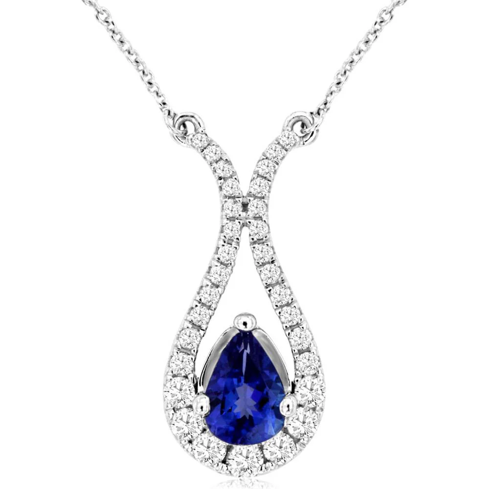 14K White Gold Pear-Shaped Tanzanite and Diamond Halo Pendant Necklace - 0.75 Carat Tanzanite, 0.33 Carat Diamond Total Weight - Royal Jewelry