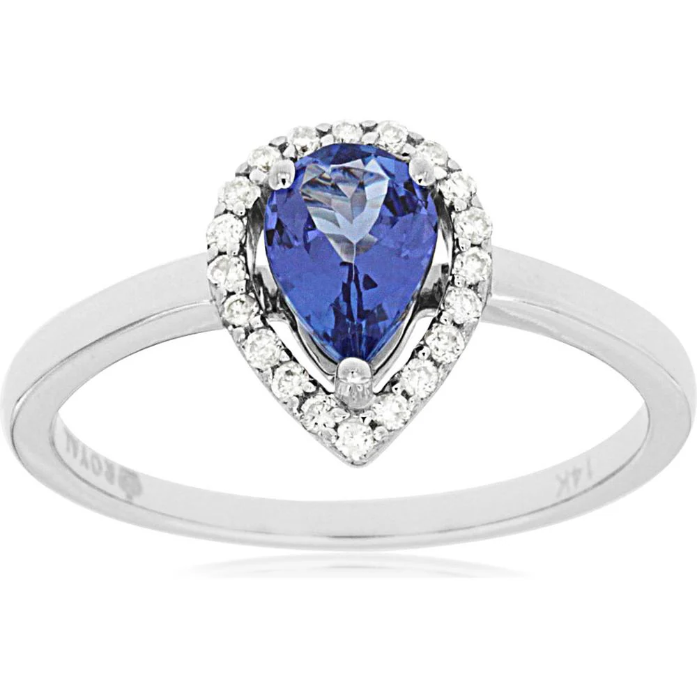 14K White Gold Pear-Shaped Tanzanite and Diamond Halo Ring - 0.75 Carat Tanzanite, 0.12 Carat Total Diamond Weight - Royal Jewelry