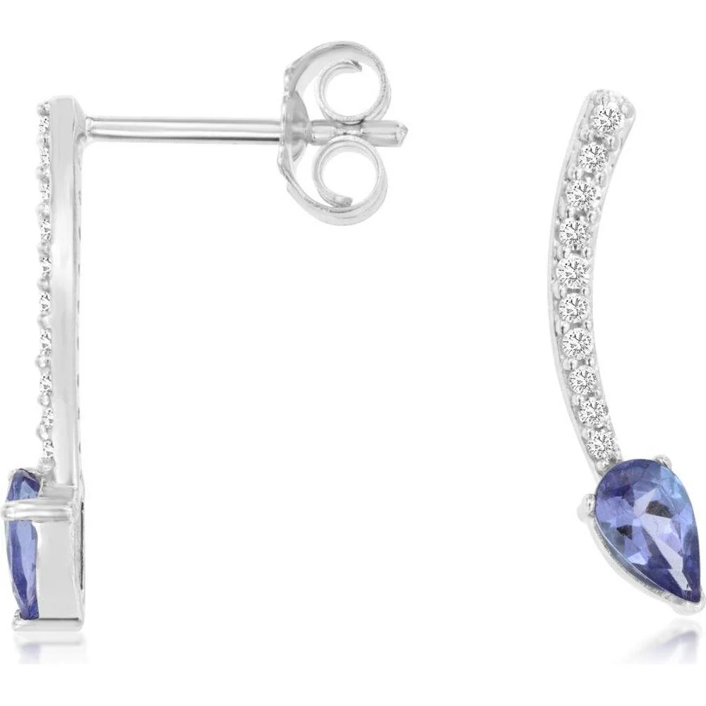 14K White Gold Pear-Shaped Tanzanite and Diamond Linear Drop Earrings - 0.42 Carat Total Tanzanite Weight, 0.11 Carat Total Diamond Weight - Royal Jewelry