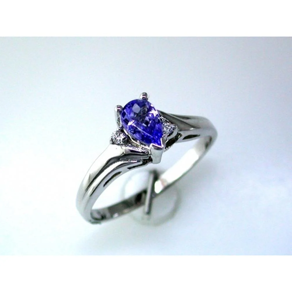 14K White Gold Pear-Shaped Tanzanite and Diamond Split Shank Ring - 0.45 Carat Tanzanite, 0.03 Carat Total Diamond Weight - Royal Jewelry