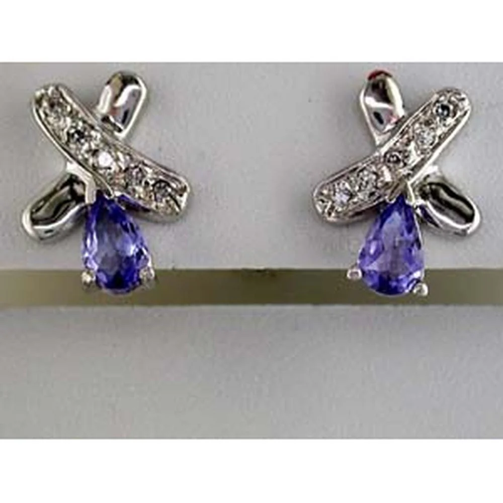 14K White Gold Pear-Shaped Tanzanite and Round Diamond Drop Earrings - 0.50 Carat Tanzanite Total Weight, 0.12 Carat Diamond Total Weight - Royal Jewelry
