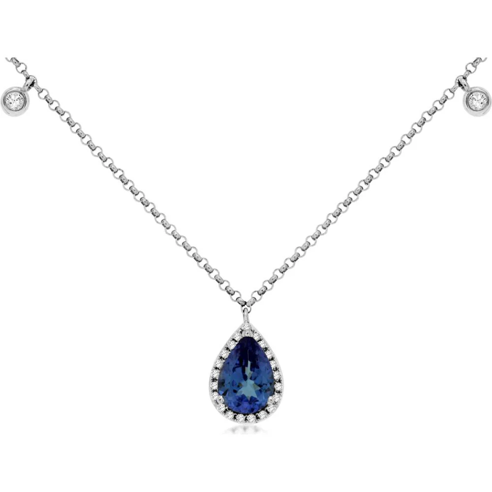 14K White Gold Pear-Shaped Tanzanite Pendant with Diamond Halo - 0.75 Carat Tanzanite & 0.12 Carat Total Diamond Weight - Royal Jewelry