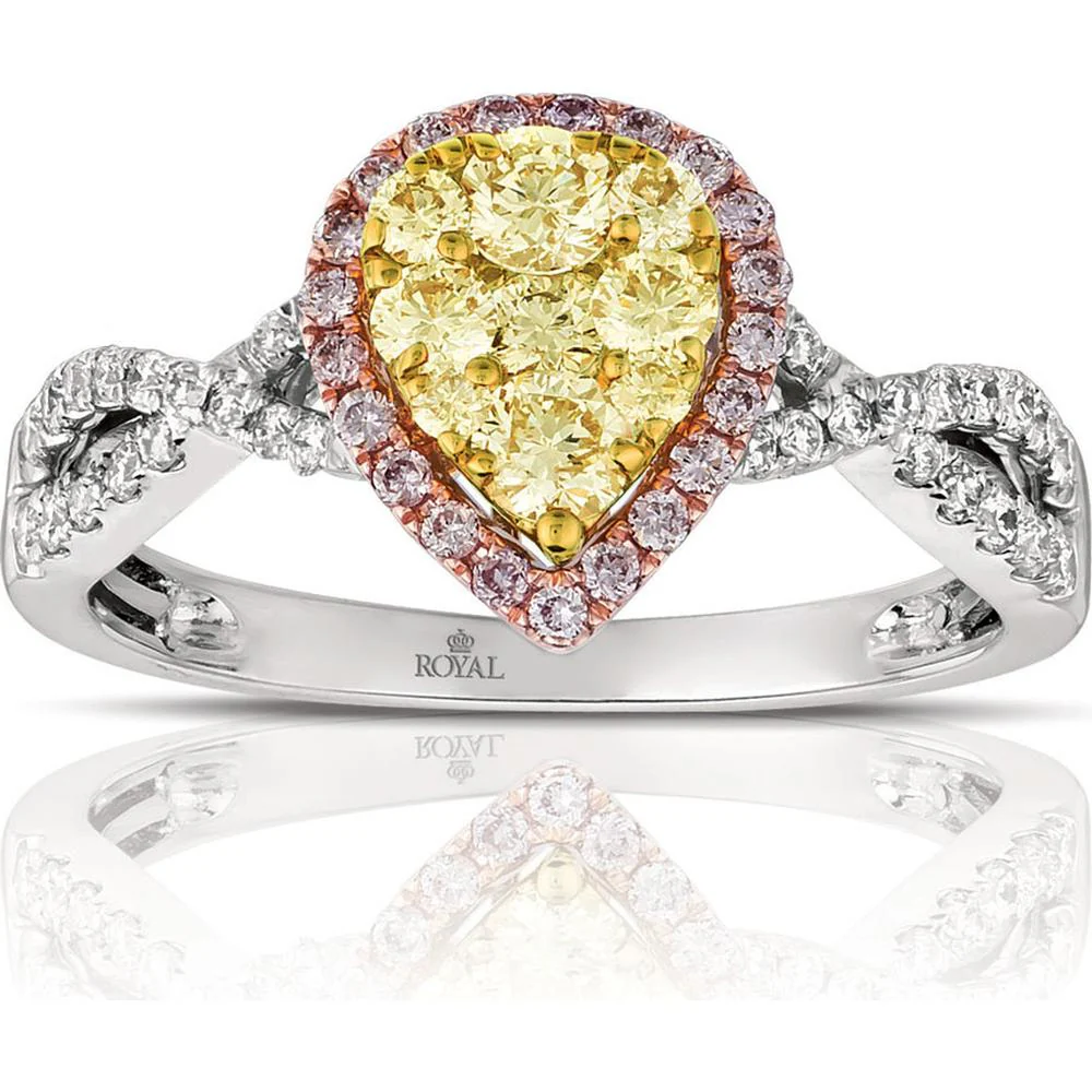 14K White Gold Pear-Shaped Yellow & Pink Diamond Halo Ring with Milgrain Detail - 0.46 Carats Yellow Diamond, 0.14 Carats Pink Diamond - Royal Jewelry