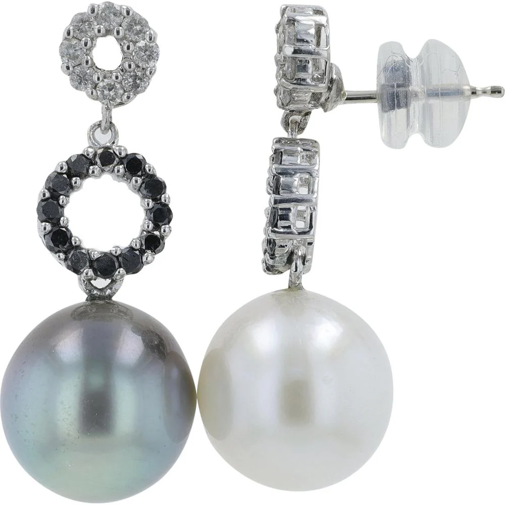 14K White Gold Pearl Earrings with Black Diamond Pavé Circle - 0.60 Carat Total Diamond Weight - Image 2