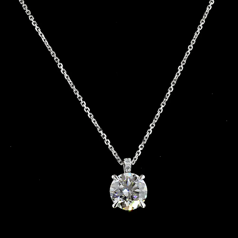 14K White Gold Pendant Necklace with 3.13 Carat Round Brilliant Lab Diamond and Accent Stones - 3.18 Total Carat Weight - Covaloro Fine Jewelry