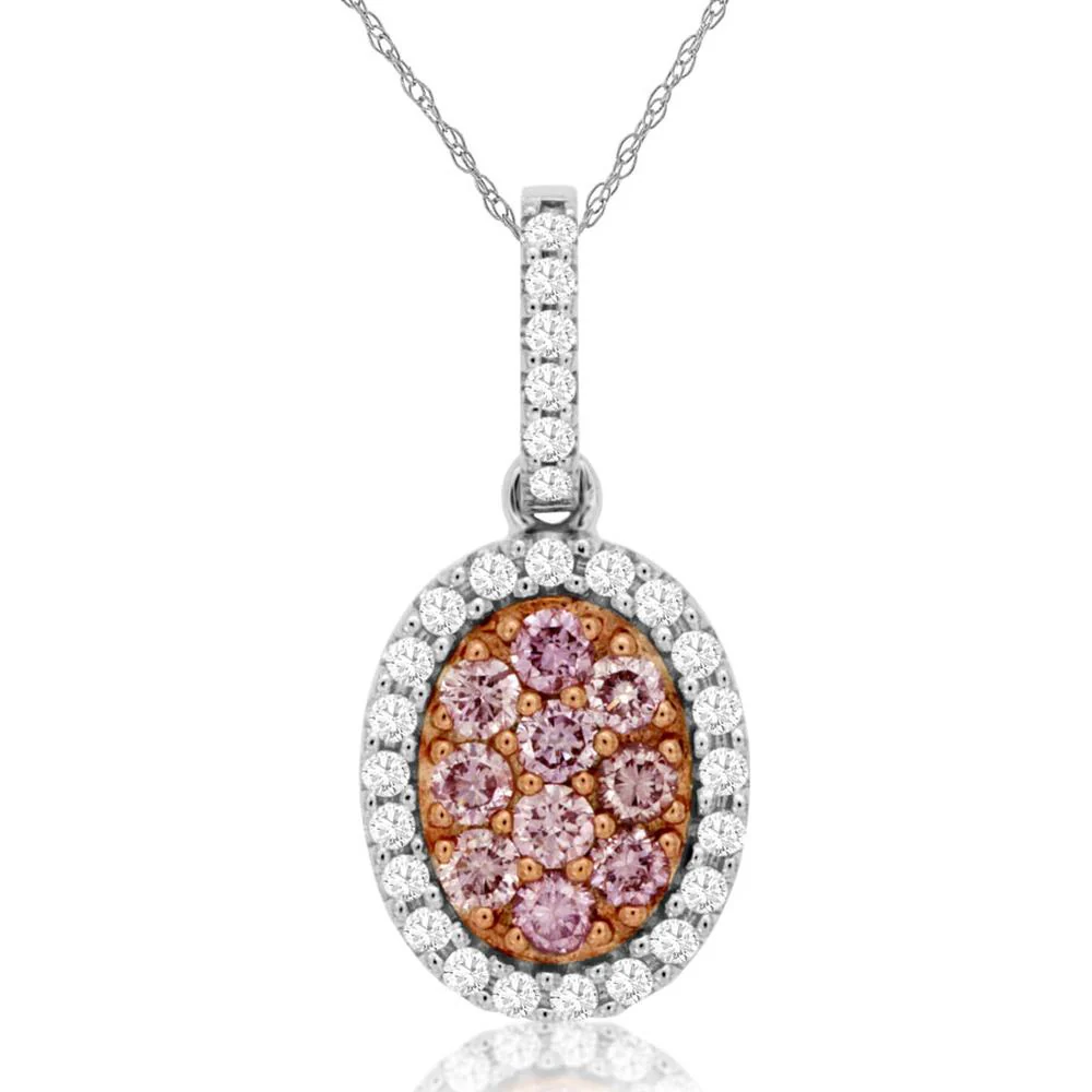 14K White Gold Pendant with 0.32 Carats Pink Diamonds and White Diamond Halo - Elegant Diamond Jewelry - Royal Jewelry