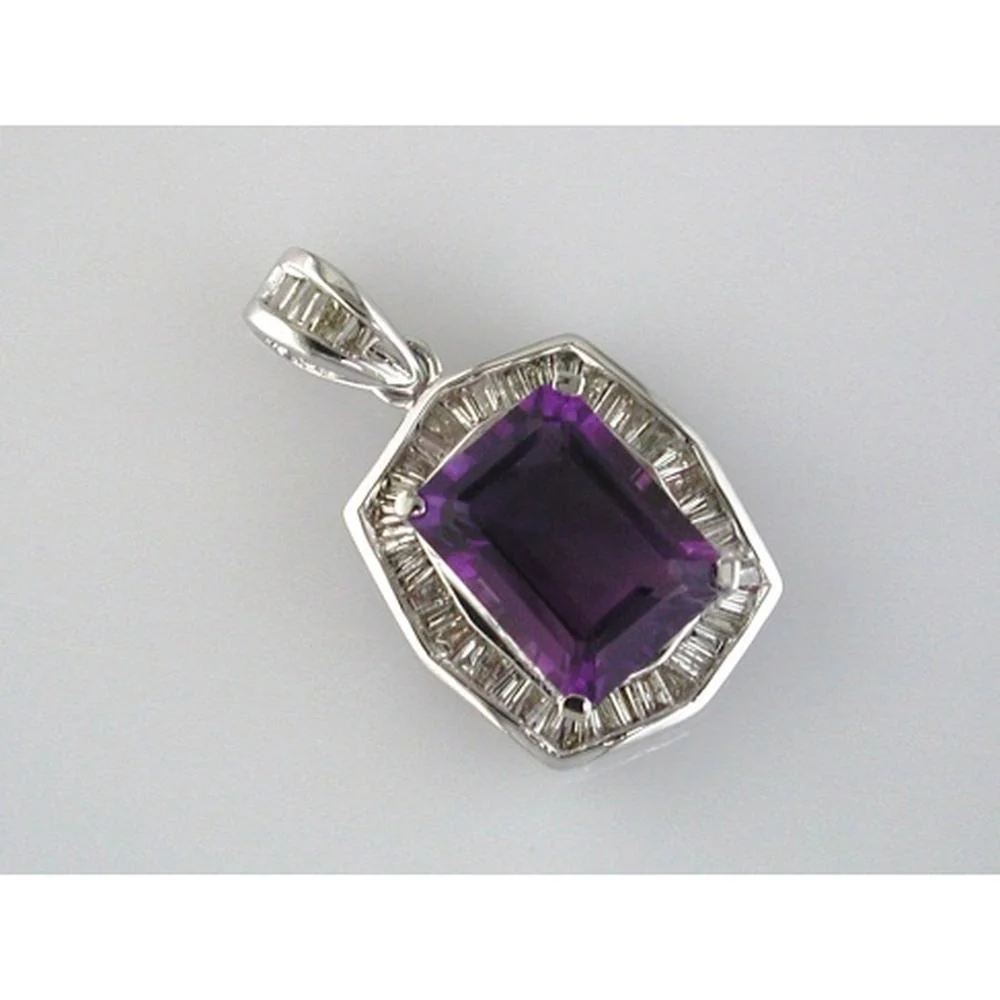 14K White Gold Pendant with 2.00 Carat Emerald Cut Amethyst and 0.25 Carat Baguette Diamond Halo - Royal Jewelry