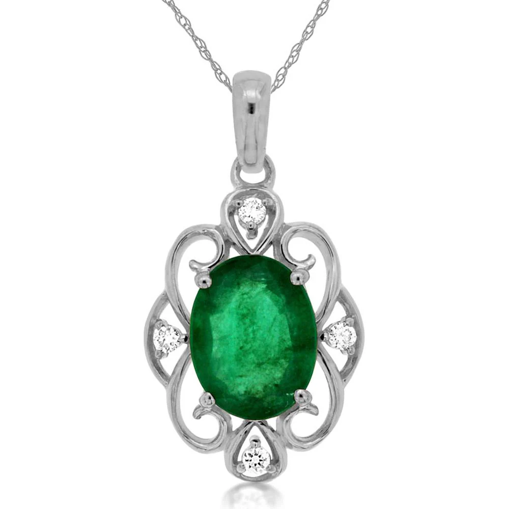 14K White Gold Pendant with Oval Emerald and Round Diamond Accents - 1.10 Carat Emerald & 0.04 Carat Total Diamond Weight - Royal Jewelry