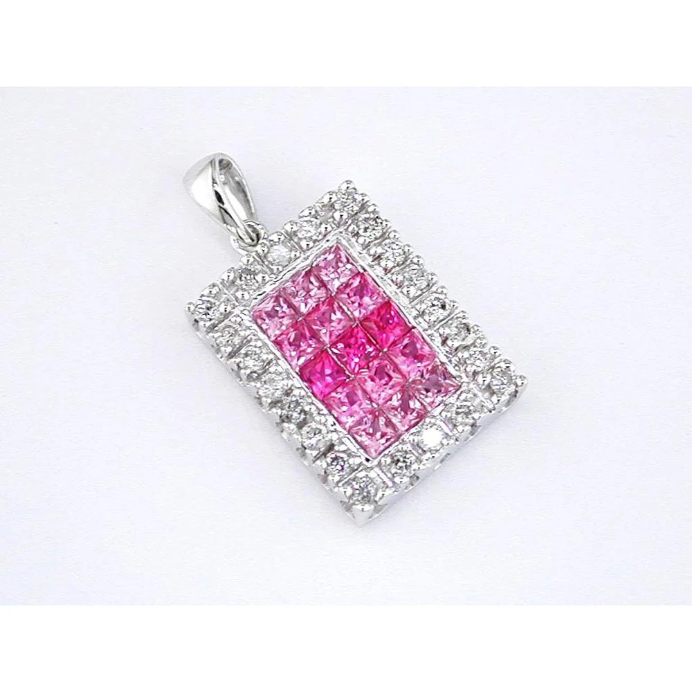 14K White Gold Pendant with Princess Cut Pink Sapphire and Round Diamonds - 1.30 Carats Total Carat Weight - Royal Jewelry
