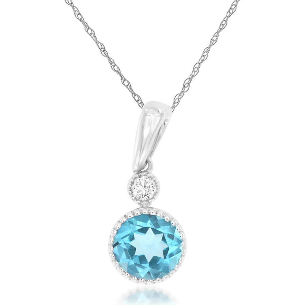 14K White Gold Pendant with Round Blue Topaz and Diamond Accent - 0.61 Total Carat Weight - Royal Jewelry