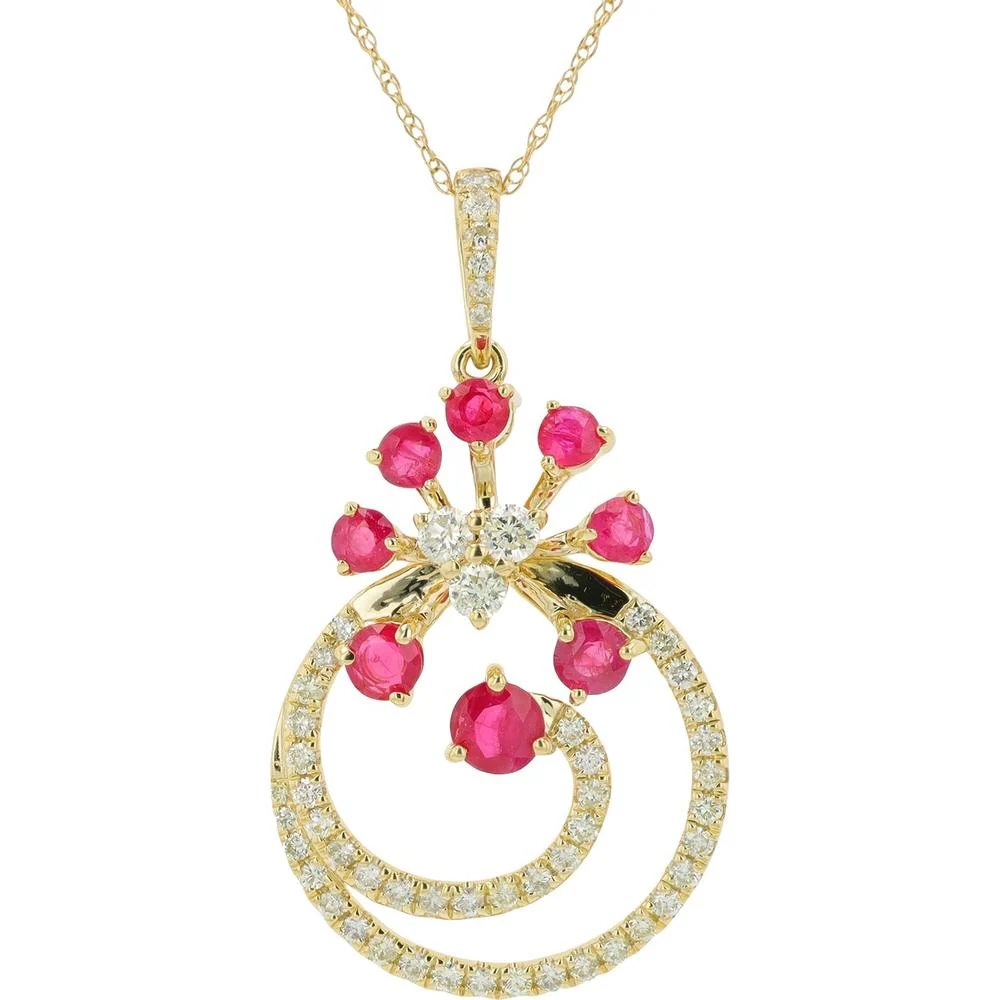 14K White Gold Pendant with Ruby and Diamond Floral Design - 0.75 Carat Ruby, 0.52 Carat Total Diamond Weight
