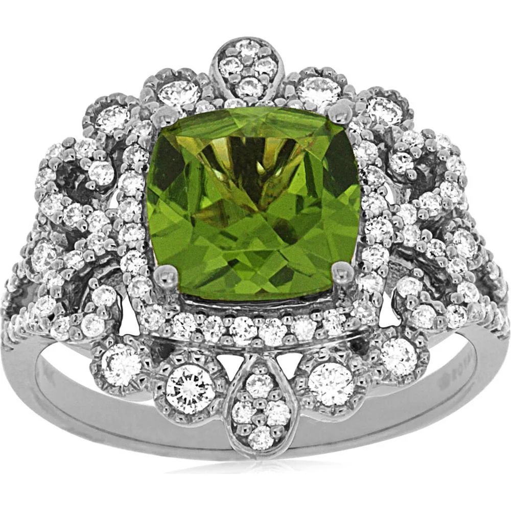 14K White Gold Peridot & Diamond Cushion Cut Halo Ring - 2.10 Carats Peridot, 0.60 Carats Total Diamond Weight - Royal Jewelry