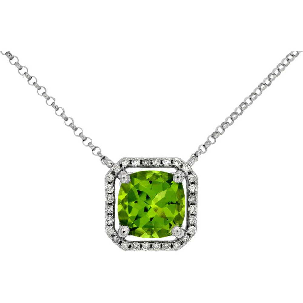 14K White Gold Peridot & Diamond Cushion Cut Pendant Necklace - 2.14 Carats Total Gemstone Weight - Royal Jewelry