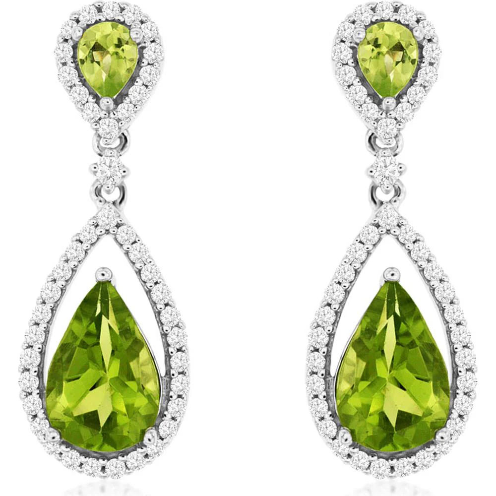 14K White Gold Peridot and Diamond Drop Earrings - 3.35 Carats Total Peridot Weight, 0.49 Carats Total Diamond Weight - Royal Jewelry