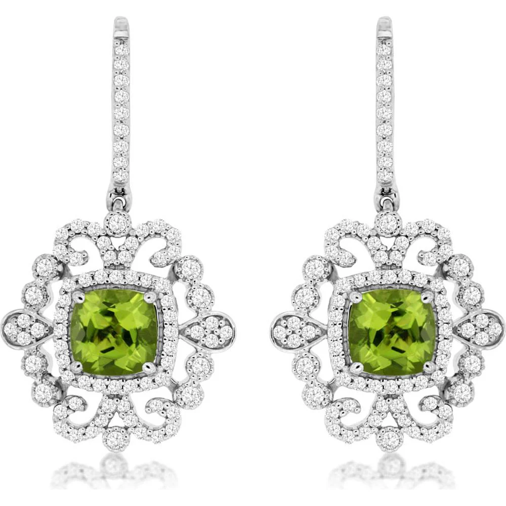 14K White Gold Peridot & Diamond Drop Earrings with Cushion Cut Peridots - 2.00 Carats Total Peridot Weight - Royal Jewelry