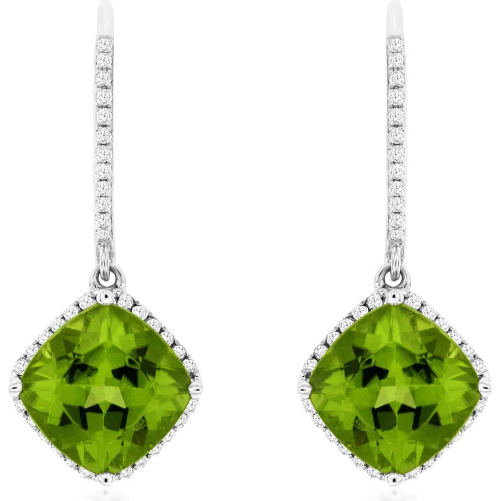 14K White Gold Peridot and Diamond Earrings with Cushion Cut Peridot - 4.10 Carats Total Peridot Weight and 0.42 Carats Total Diamond Weight - Royal Jewelry