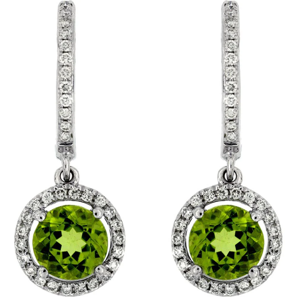 14K White Gold Peridot & Diamond Halo Earrings - 2.11 Carats Total Gem Weight - Royal Jewelry
