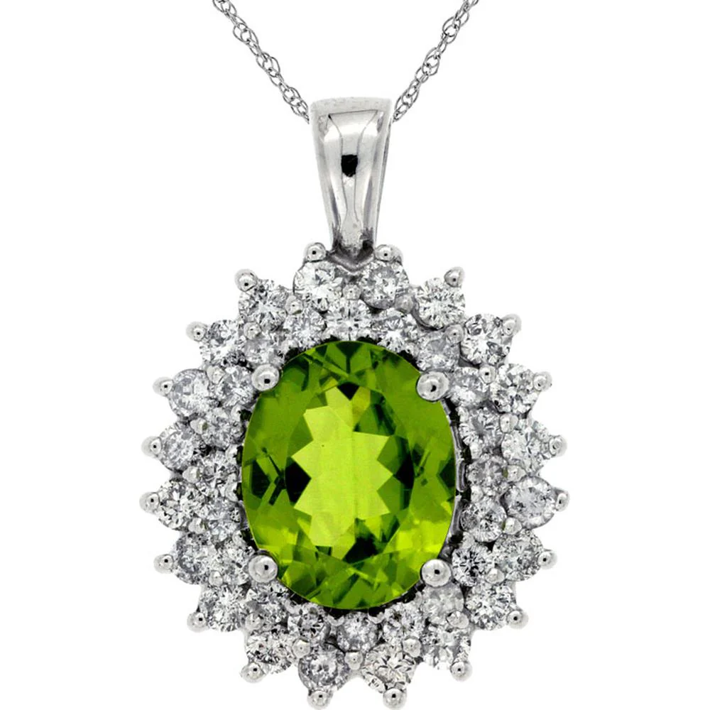 14K White Gold Peridot & Diamond Halo Pendant - 2.85 Carats Peridot & 1.00 Carat Diamond Weight - Royal Jewelry