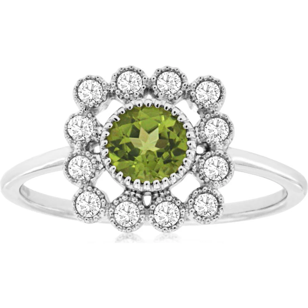 14K White Gold Peridot & Diamond Halo Ring - 0.50 Carats Peridot, 0.19 Carats Diamond Total Weight - Royal Jewelry