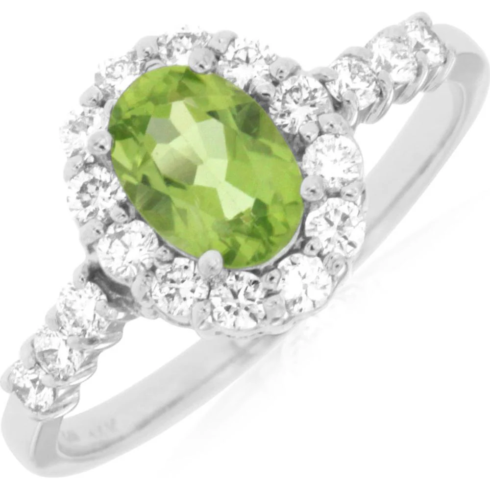 14K White Gold Peridot & Diamond Halo Ring - 1.32 Carats Total Weight - Royal Jewelry