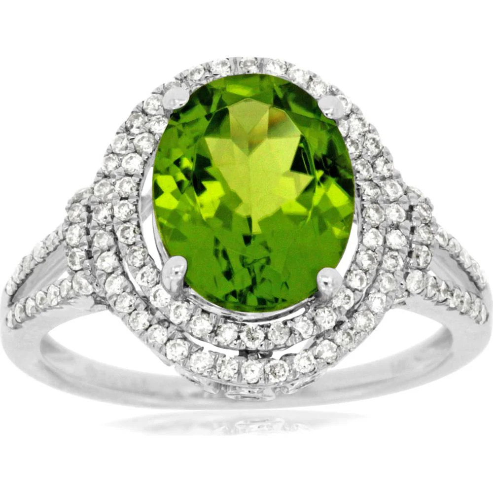 14K White Gold Peridot & Diamond Halo Ring - 2.85 Carats Peridot, 0.47 Carats Total Diamond Weight - Royal Jewelry