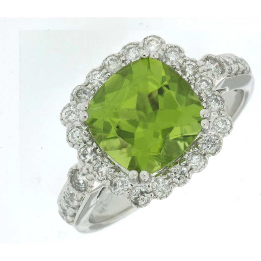 14K White Gold Peridot & Diamond Halo Ring - 3.10 Carats Peridot, 0.50 Carats Total Diamond Weight - Royal Jewelry