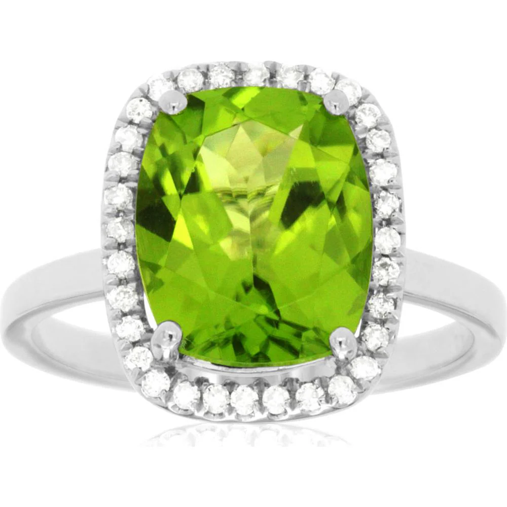 14K White Gold Peridot & Diamond Halo Ring - 4.43 Carats Total Gem Weight - Royal Jewelry