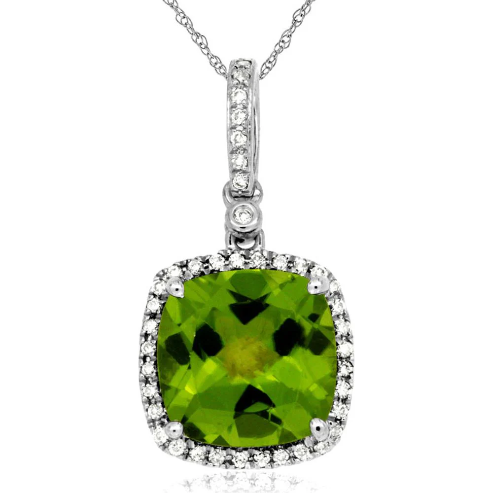 14K White Gold Peridot Cushion Cut Pendant with Diamond Halo - 4.36 Carats Total Gem Weight - Royal Jewelry