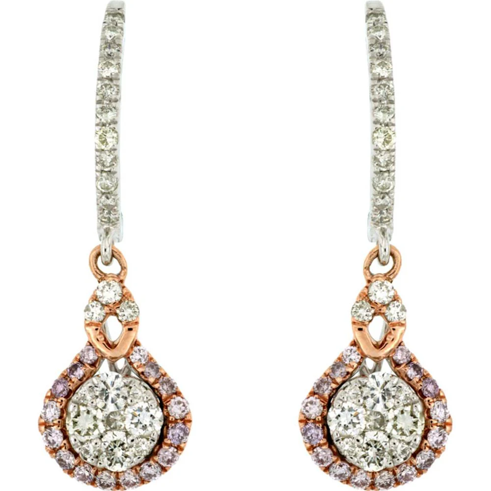 14K White Gold Pink and White Diamond Halo Earrings - 1.00 Carat Total Diamond Weight - Royal Jewelry