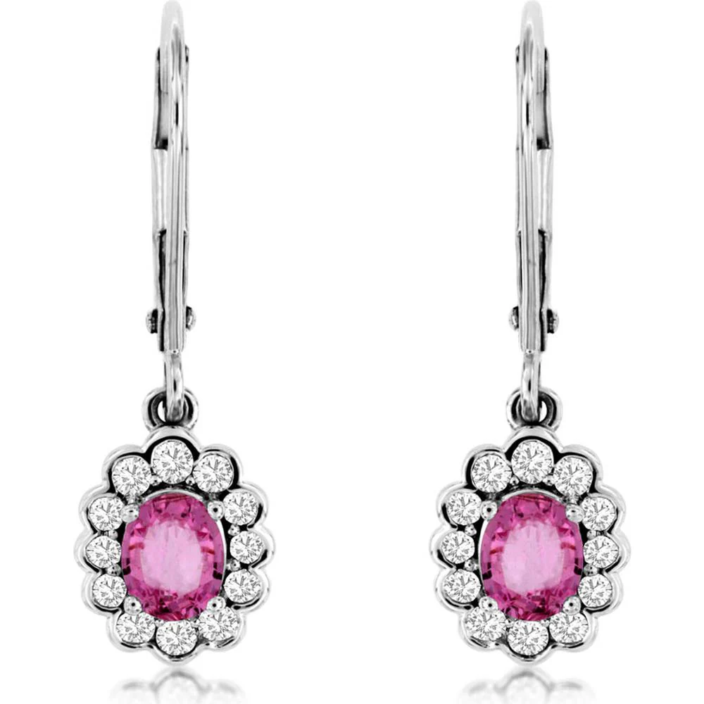 14K White Gold Pink Sapphire and Diamond Floral Halo Drop Earrings - 0.88 Carat Total Pink Sapphire Weight and 0.33 Carat Total Diamond Weight - Royal Jewelry